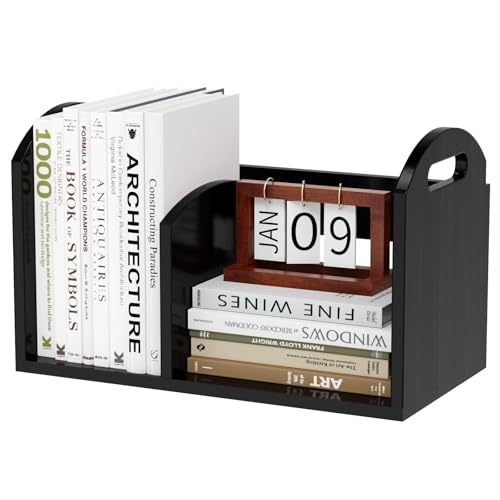 100% Solid Wood Adjustable Desktop Bookshelf, Retro Tabletop Book Shelf File Holder, Vertical Bookshelf Divider Desk Shelf for Home School Office Organization, Perfect for Books Magazine (Black) - color: Black