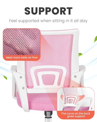 NEO CHAIR Office Computer Chair Ergonomic Mid-Back Mesh Desk Chair, Pink | Breathable Mesh Back with Lumbar Support, Height Adjustment, Smooth Rolling Casters for Home Office, Study or Gaming Setup - color: Pink-fabric