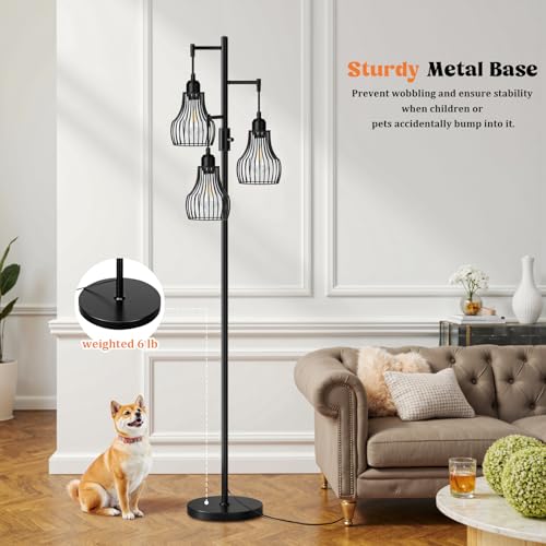 Ziisee Dimmable Floor Lamp, 3 x 800LM LED Edison Bulbs Included, Farmhouse Industrial Floor Lamp Standing Tree Lamp with Elegant Cage Tall Lamps for Living Room Bedroom Office - Black - color: A-Matte Black