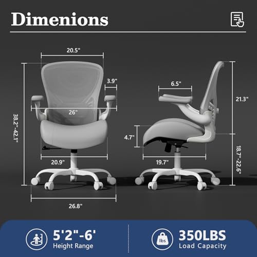 GYI Ergonomic Office Chair with Memory Foam Cushion, Computer Desk Chair | 4.7" Thickened Seat , 3D Flip-up Arms, Adjustable Lumbar Support, 350 lbs Capacity, Grey - color: Grey+white