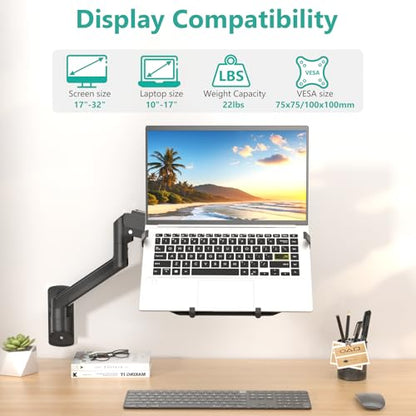 WALI Laptop Wall Mount for 17" Notebook and Up to 32" Screen | Full Motion Adjustable Monitor Wall Arm with Laptop Tray, VESA 75x75/100x100mm, Up to 15.4-22 Lbs (GSWM001LP), Black