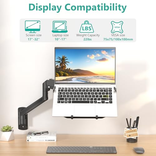 WALI Laptop Wall Mount for 17" Notebook and Up to 32" Screen | Full Motion Adjustable Monitor Wall Arm with Laptop Tray, VESA 75x75/100x100mm, Up to 15.4-22 Lbs (GSWM001LP), Black