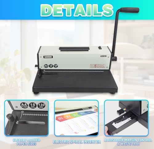 Rayson PD-1501 Coil Binding Machine with Inserter, 4:1 Pitch, 46 Holes | 46 round holes for A4-size sheets; electric coil inserter handles coils up to 7/8 inch for faster spiral binding.