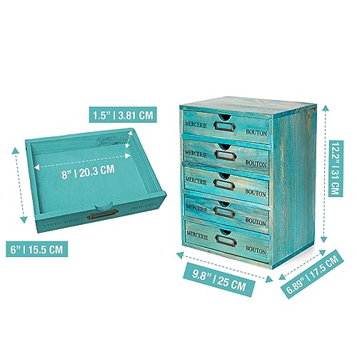 Turquoise 5-Tier Drawer Desktop Curio Cabinet - French Farmhouse Country Desk Organizer Box - Wooden Stackable Shelves - Teal Countertop Shelf w/Label Holder - 5-Level File Drawer Unit - style: 5 Drawer I 12.2"