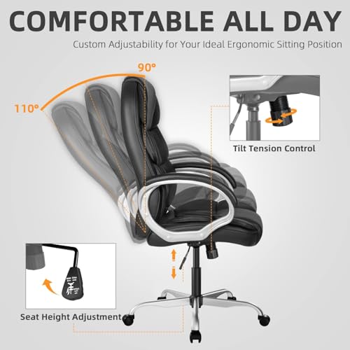 Furmax Leather High Back Office Chair Ergonomic Executive Office Chair Swivel Computer Desk Chair Lumbar Support Soft Cushioned Padded Arms (Ink Black) - color: Ink Black