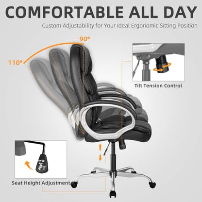 Furmax Leather High Back Office Chair Ergonomic Executive Office Chair Swivel Computer Desk Chair Lumbar Support Soft Cushioned Padded Arms (Ink Black) - color: Ink Black
