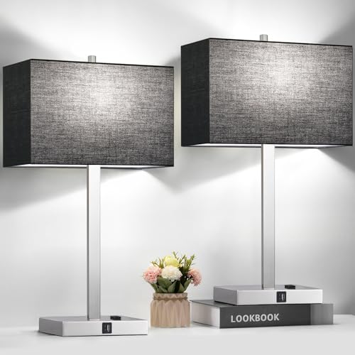 21" Touch Bedside lamps with 2 USB & AC Outlets, 3-Way Dimmable Bedside Table Lamps Set of 2 for Bedroom Living Room Office Reading, Black Shade Lamps for Night Stands, 5000K LED Bulbs Included - color: Black Linen & Brushed Nickel