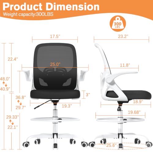 ORRSAKER Drafting Chair, Tall Office Chair with Flip-up Arms, Mesh Ergonomic Computer Standing Desk Chair with Adjustable Height Foot Ring and Lumbar Support, 300 LBS Capacity, White - color: White