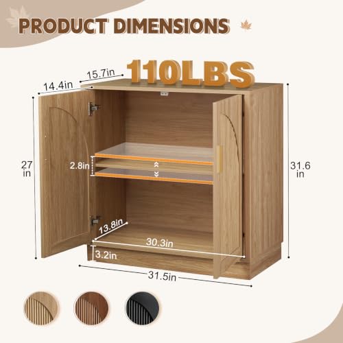 31.5" Fluted Sideboard Cabinet with Arched Doors, Buffet Cabinet, Light Oak - color: Natural Oak