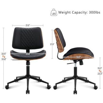 BV Small Desk Chair, Mid Century Office Chair with Bentwood Back, Armless Task Swivel Chair with Wheels, Mid Back No Arms, Faux Leather Office Chairs for Small Space, Black - color: Black, size: MCM Style