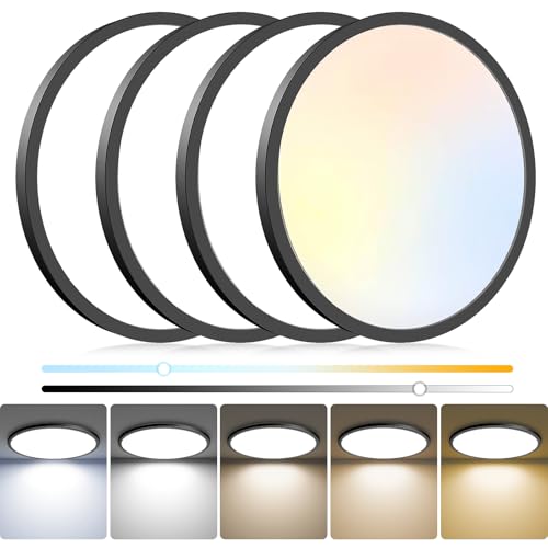 4Pack LED Flush Mount Ceiling Light Fixture, 12Inch 24W, Dimmable&3000K/3500K/4000K/5000K/6500K Adjustable Low Profile Ceiling Lights, 3200LM Modern Lamp for Bedroom, Porch, Kitchen, Hallway, Black - color: Black, size: 12Inch-4pack