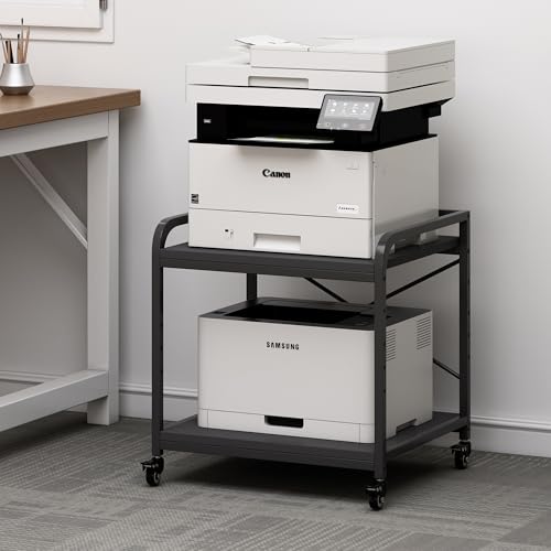 Fannova 2 Tier Under Desk Printer Stand with Storage, 20 Inches Deep Large Printer Table with Height Adjustable Shelf, Rolling Printer Cart with Wheels for Home Office - Black | Large Table Top 20"x20" for 3D/Laser Printer, Heavy Duty Industrial Wheels, R