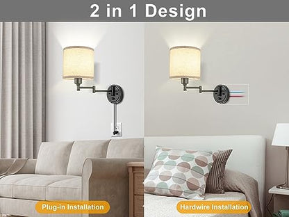 Plug in Wall Sconces with Remote Control, Dimming 10%-100% & Adjustable Colors 2700K-6500K, Hardwire or Plug-in, Swing Arm Wall Lamp with Linen Fabric Shade, Wall Sconces Set of Two, Black Finish - color: Linen(Bulbs+Remote)