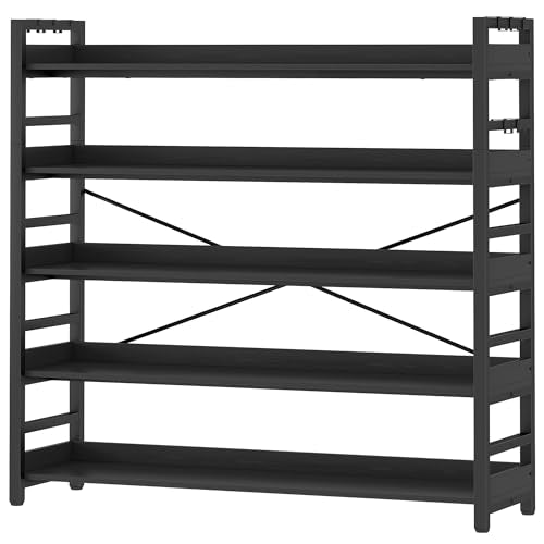 HCHQHS 5 Tier Bookshelf, Adjustable Industrial Bookcase, Vertical Tall Book Shelf, Wood and Black Metal Open Bookshelves for Home Office, Living Room, Bedroom - color: Black, size: 5-Tier (47"W x 57"H)