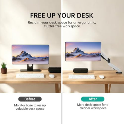 MT-VIKI Single Monitor Arm for 17"-32" Monitors, Gas Spring Adjustable Desk Mount, Quick Release VESA Plate, Full Motion with Cable Management, Clamp & Grommet Base, Supports 4.4–19.8 lbs, White - size: Single Arm