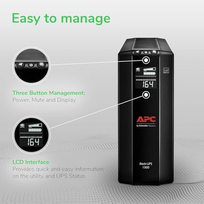 APC UPS 1500VA/900W Battery Backup for PCs, Office Electronics, BX1500M | Back-UPS Pro UPS for home offices. 10 outlets, LCD, AVR, surge protection, 68-min runtime (@100W) for PCs & workstations