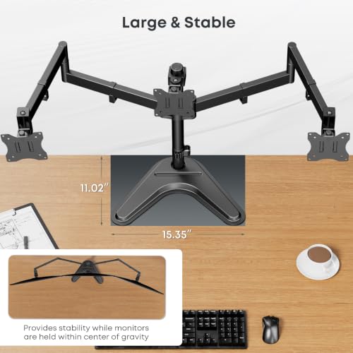 Triple Monitor Stand fits 3 Screens up to 27 Inches, Freestanding | Cable Management, Heavy Duty, Fully Adjustable, Weighted Base, 22 lbs Capacity per Arm, Black