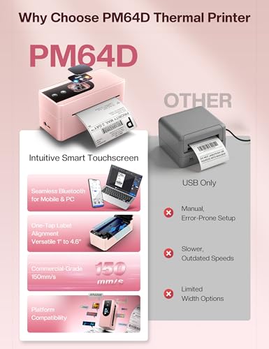 Phomemo PM64D Shipping Label Printer 4x6 Bluetooth with Touch Screen | 150mm/s printing, one-touch calibration, Bluetooth connection, compatible with Amazon, USPS, UPS, iOS, Android, Windows & Mac - color: Pink