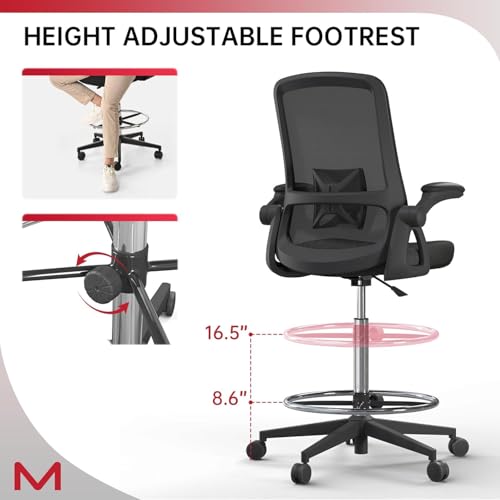 Ergonomic Drafting Chair, Tall Height Adjustable Office Stool with Flip Up Armrest, Adjustable Foot Ring & Lumbar Support, Rolling Mesh High Desk Chair for Standing Desk, Studio & Office Use - color: Matte Black