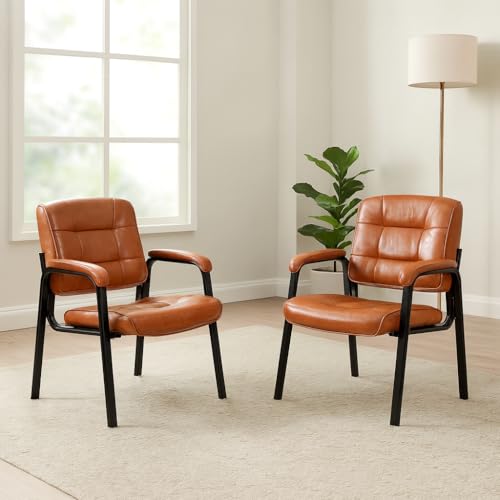 Naomi Home Faux Leather Guest Reception Chair with Armrests - Caramel | Designed For Waiting Rooms, Conference Spaces And Offices With Stackable Construction, Padded Comfort And Durable Steel Legs - color: Caramel, Faux Leather, style: Set of 2