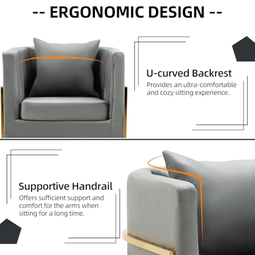Velvet Accent Barrel Chairs Set of 2, Modern Arm Club Chair Set with Pillow for Living Room/Bedroom/Guest Reception, Channel Tufted, Gold Finish Base, Grey - color: Grey, size: 2 PCS