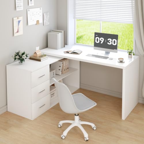 HSH White L Shaped Computer Corner Desk with 3 Storage Drawers 55 inch | Reversible Home Office Corner Desk with 2 Open Side Shelves Modern Wood Executive L Desks for Bedroom,Study Workstation - color: White Oak, size: 55 Inch