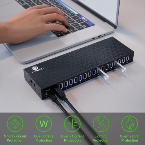 USB 3 0 Hub - 16 Ports Powered USB Hub - Desktop USB Expander Hub - up to 5Gbps High-Speed USB Splitter for Multiple Devices - Aluminum Alloy Multiple USB Hub w/AC Adapter for Laptop Phone Tablet PC