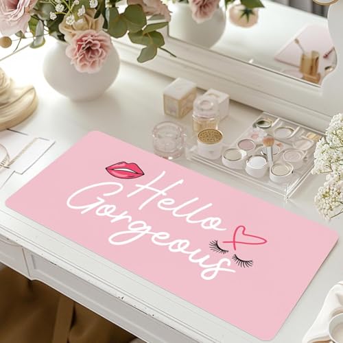 Makeup Mat for Vanity Top Protector, Dual-Sided Vanity Mat Waterproof Dressing Desk Makeup Table Cover Pad Hello Gorgeous (Baby Pink/Silver, 23.6"x11.8") - color: Baby Pink/Silver