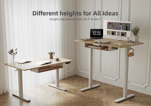 YDN Electric Standing Desk 48 Inch with Keyboard Tray Natural | Heavy-duty steel frame supports 176 lbs, 28.3-46.5 inch height range, 3 programmable presets, water-resistant surface - color: Natural