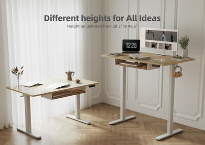 YDN Electric Standing Desk 48 Inch with Keyboard Tray Natural | Heavy-duty steel frame supports 176 lbs, 28.3-46.5 inch height range, 3 programmable presets, water-resistant surface - color: Natural