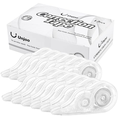 Unjoo White Correction Tape, For school, Office (12pack, 5M/196" x 0.2") | Easy To Use Applicator for Instant Corrections Wrong Writing At Any Time, Tear-Resistant Correction tape Bulk - color: White