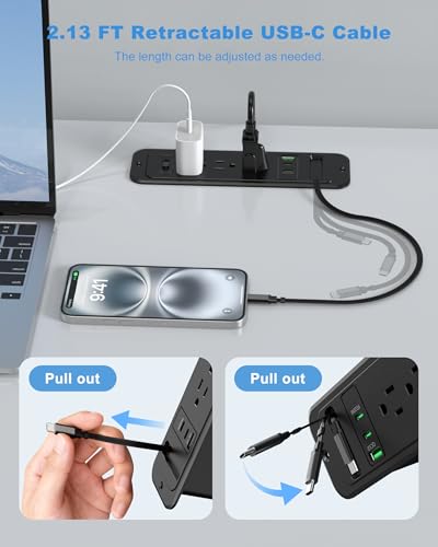 Recessed Power Strip with Retractable USB C Cable,2 PD 20W USB C,Flush Mount Countertop Drawer Outlet, Furniture Hidden Outlet for Side Table,End Table,3 Outlets (Black, 6FT-20W USB) - color: Black, size: 6FT-20W USB