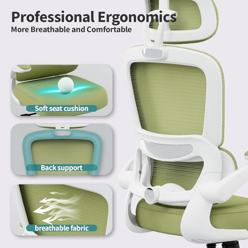TRALT Office Chair Ergonomic Desk Chair - Gaming Chair with Lumbar Support | 330 LBS Home Office Desk Chairs with Headrest, Reading Chair with Flip-up Armrests, Comfortable Computer Chairs (1, Green) - color: Green