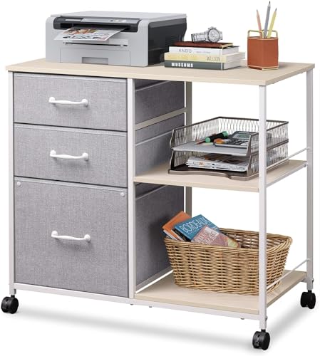 DEVAISE 3 Drawer Mobile File Cabinet with Open Storage Shelf | Rolling Printer Stand, Fabric Lateral Filing Cabinet fits A4 or Letter Size for Home Office, Light Grey - color: Light Grey