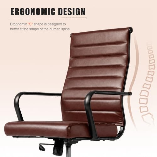 Okeysen Leather Office Desk Chair, Mid-Century Modern Leather Conference Room Chairs, Ergonomic Executive Ribbed Height Adjustable Swivel Rolling Chair for Home Office. - color: Reddish Brown