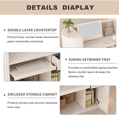 Modern Reception Desk with Counter - Curved Front Checkout Page with Led Lighting, Lockable Drawers, Hidden Cable Management and Wood Construction, Salon Reception Desk for Beauty Salons - color: Milky White