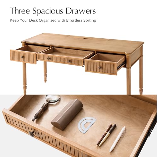 HULALA HOME 60 Inches Fluted Writing Desk with Charging Station, Teak - color: Teak