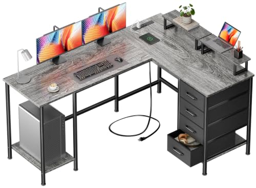 Korfile 59 inch L Shaped Computer Desk with Power Outlets, Home Office Desk with 4 Adjustable Storage Drawers & 2 Monitor Stands, Two Person Gaming Table for Bedroom, Grey - color: Grey, size: 59 Inch