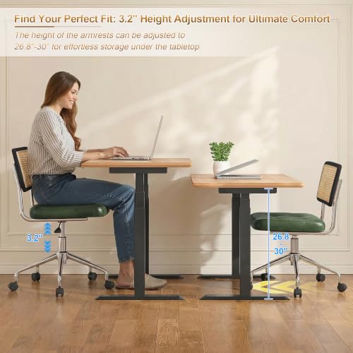 Zesthouse Leather Office Desk Chair with Wheels, Mid Century Rolling Desk Chair with Natural Rattan Back, Modern Swivel Home Office Chair, Small Height Adjustable Computer Task Chair, Green - color: Green, size: Armless