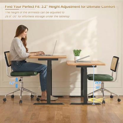 Zesthouse Leather Office Desk Chair with Wheels, Mid Century Rolling Desk Chair with Natural Rattan Back, Modern Swivel Home Office Chair, Small Height Adjustable Computer Task Chair, Green - color: Green, size: Armless