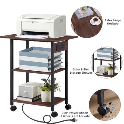 Lerliuo 3-Tier Printer Stand with Charging Station, Rolling Printer Table - color: Walnut, size: 3-Tier with Charger