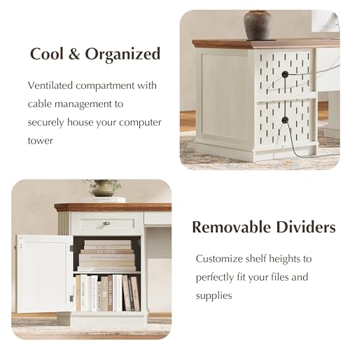 59" Classic Executive Desk with Storage, Victorian Executive Desk with Charging Station, Keyboard Tray, 3 Drawers & Cabinet Storage & Pedestal, Easy Assembly, White - color: White
