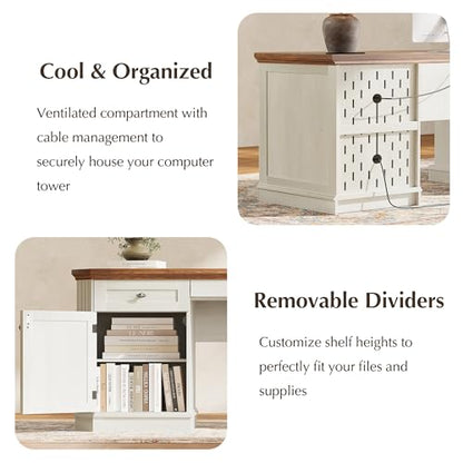 59" Classic Executive Desk with Storage, Victorian Executive Desk with Charging Station, Keyboard Tray, 3 Drawers & Cabinet Storage & Pedestal, Easy Assembly, White - color: White