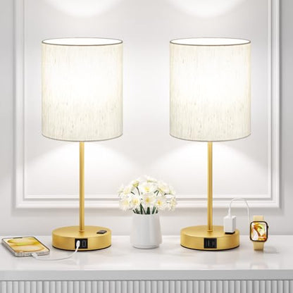 17.6" Gold Touch Lamps for Bedroom Set of 2 - Dimmable, USB C+A, AC Outlet | Large 17.6" Tall Lamp, 3-Way Dimming, 5000K Daylight Bulbs, Cream Lampshade Gold Base, for Living Room, Boys, Men, Girls - color: Gold