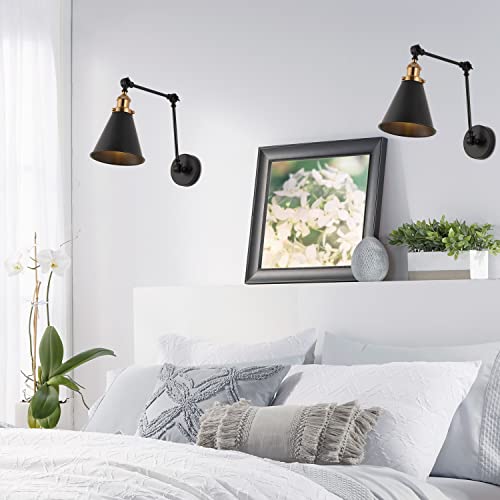 JONATHAN Y Rover 1-Light Wall Sconce 7", Black/Brass Gold, Set of 2 | Adjustable Arm, Hardwired Bedside Reading Swing Arm, Farmhouse Cone Shade, Metal Hardwired Indoor Fixture, LED Bulbs Included - color: Black/Brass Gold, size: Set of 2