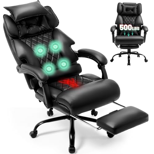 Office Chair with Foot Rest,3D Kneading Massage & Heat Executive Office Chairs for Heavy People,500LBS Big and Tall Office Chair,Ergonomic Reclining Desk Chair,Dual-Use Pillow,Home Office,Black - color: Black, size: 3D Kneading