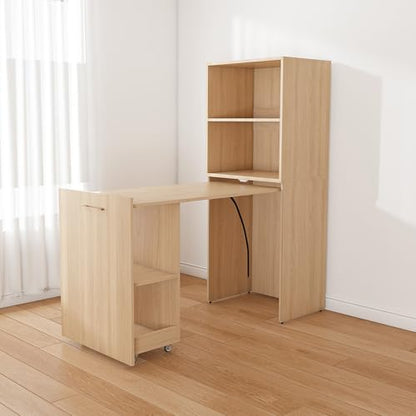 Light Wood Folding Desks with Storage Shelves for Small Spaces(Natural) | Foldable Murphy Desk with Bookcase, Space Saving Compact Computer Table, Pull Out Writing Table for Apartment - color: Natural Wood