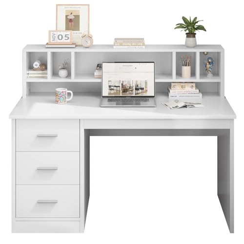 MaverickFurni White Desk with Drawers, 46" Home Office Desk with Hutch and Storage, Small Desk with 3 Drawers for Bedroom, White - color: White