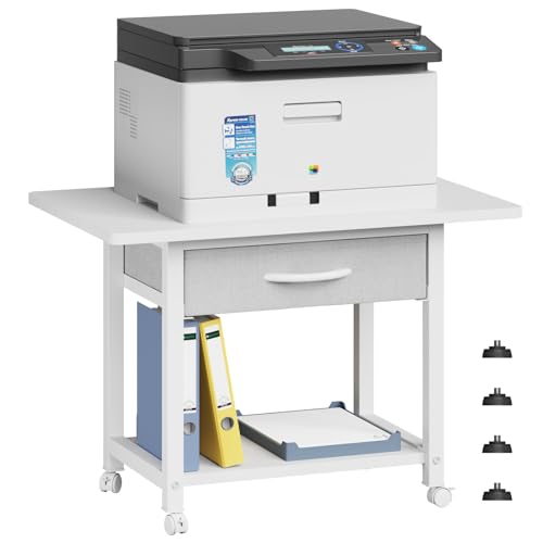 YAOHUOO 22"x15" Large Printer Stand with Drawer, 2-Tier Rolling Table Cart - color: White, size: 2-Tier