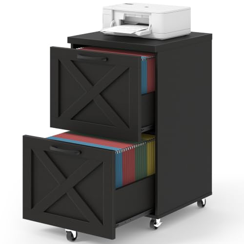 Halitaa Farmhouse 2 Drawer Small File Cabinet with Wheels, Rustic Black | Vertical Filing Cabinet Fits A4 or Letter Size, Wooden Printer Stand, Under Desk Rolling File Cabinet for Home Office - color: Rustic Black